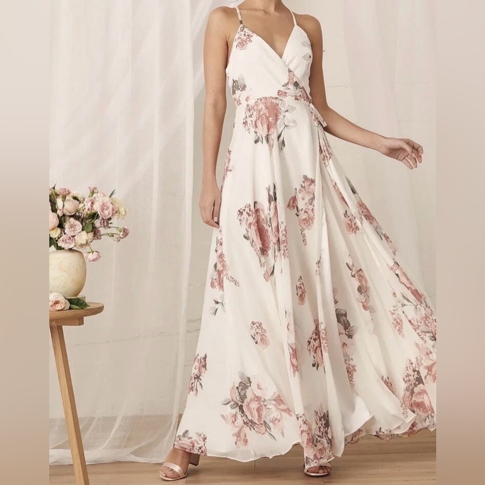 Lulus wrap maxi dress cream pink floral adjustable strap sleeveless womens Small